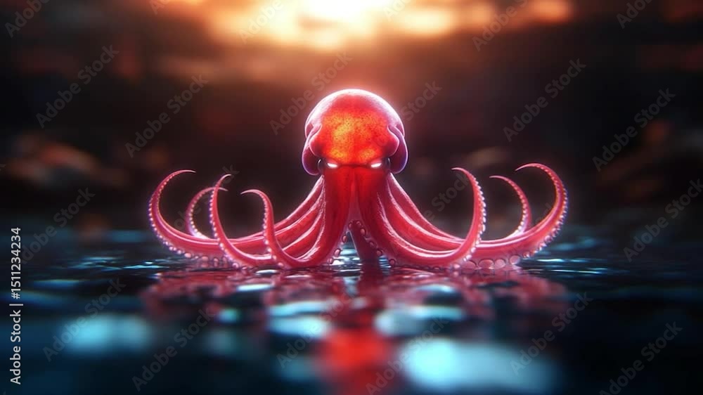 Poster a digital rendering of a vibrant red animal in calm water with blurred background and a soft glowing