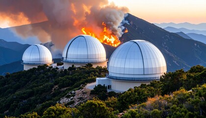 Obraz premium Observatory Under Threat Wildfire Engulfs Mountain Landscape