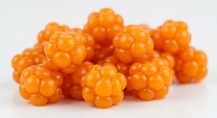 Brightly lit juicy cloudberries gleam against white background. AI Generated