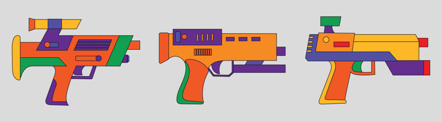 Set collection of laser gun blaster future weapon in neon colors icon clipart avatar logotype isolated illustration