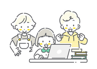 インターネットを使って楽しく学ぶ子どもたち　シンプルでかわいい線画イラスト