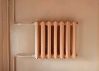 vintage radiator with classic design is mounted on pale wall. its finish adds warm touch to indoor...