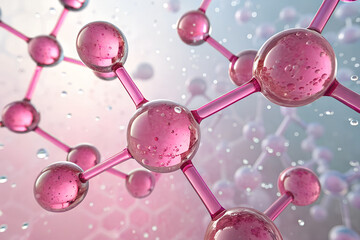 Pink Molecular Structure with Water Droplets – Scientific Chemistry Visualization
