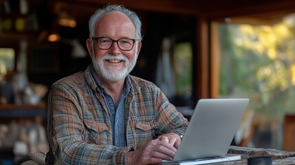 Senior Man with Glasses Smiling while Working on Laptop Outdoors