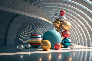 Futuristic Metallic Spheres in Arched Tunnel – Abstract 3D Art Installation
