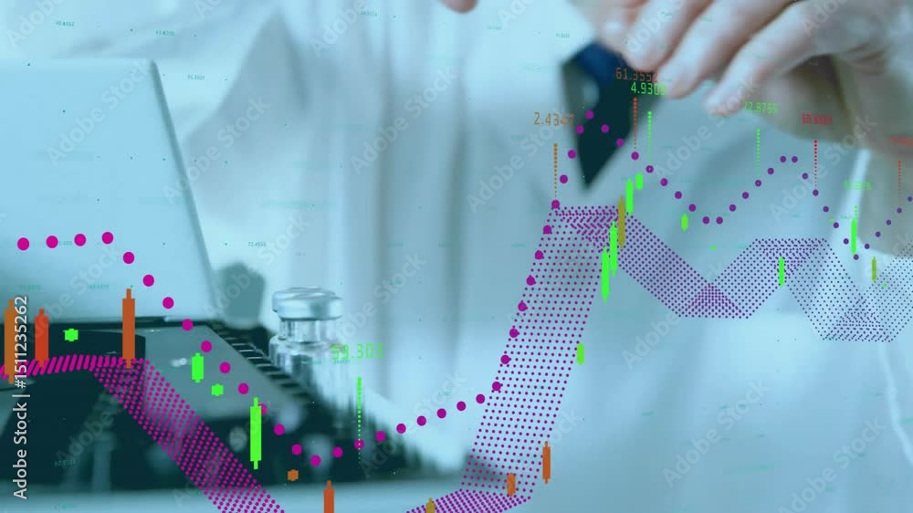 Poster lab scientist lifting vial from analyzer and generating line candlestick charts visualizing fluid