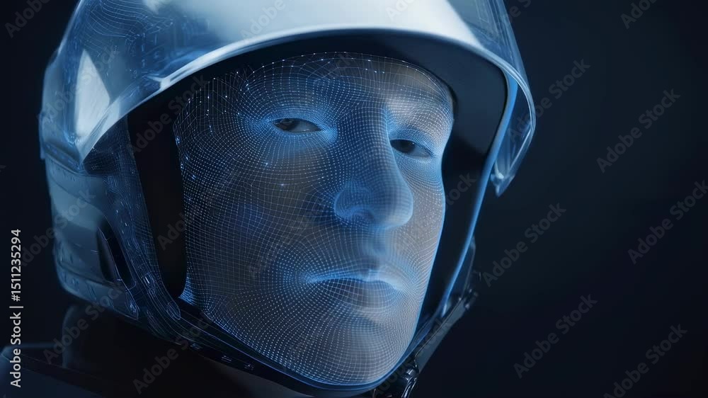 Poster futuristic helmet design features a transparent overlay, showcasing intricate details and highlighti