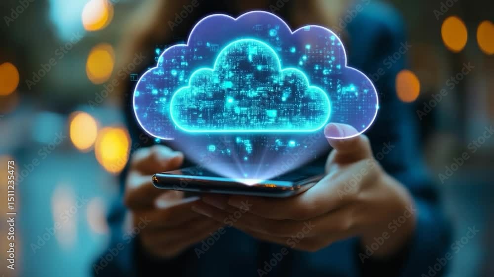 Aufkleber woman holding phone displaying a glowing cloud graphic symbolizing data and technology against blurr