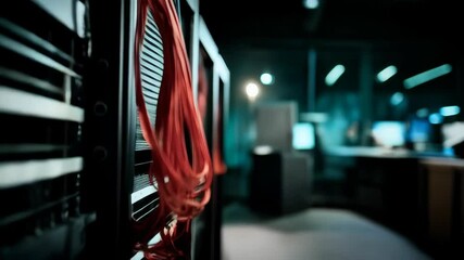 Focused technician troubleshoots server rack, carefully managing vibrant red and blue cables for optimal system functionality and reliable network connection.