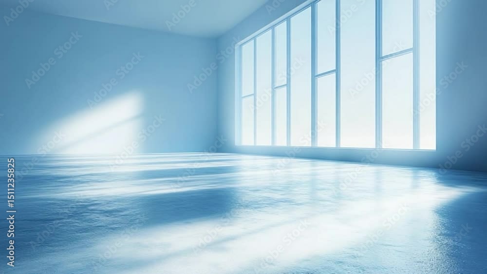 Poster empty minimalist interior space bathed in soft blue hues with natural light streaming through a larg