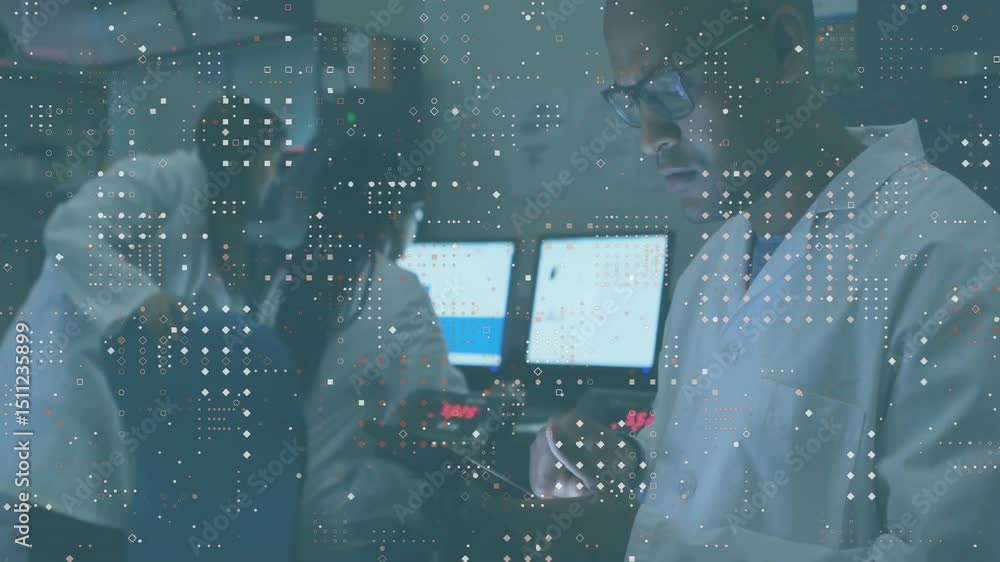 Poster glitch overlay flashing revealing man tapping tablet monitoring as lab team typing, pointing screen