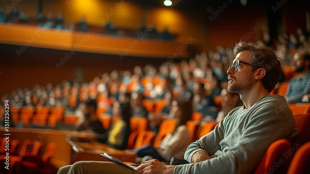 Poster man in glasses watching attentively a presentation in a large auditorium with a blurred background. 