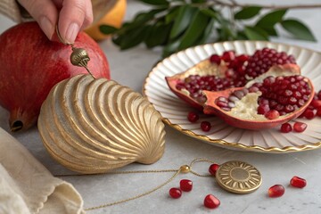 Golden Seashell Ornament with Pomegranate and Sunburst Pendant – Luxurious Still Life Photography
