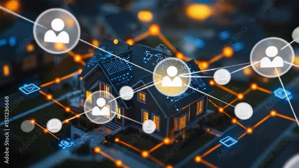 Poster digital house with glowing network connections and user icons representing smart home technology aga