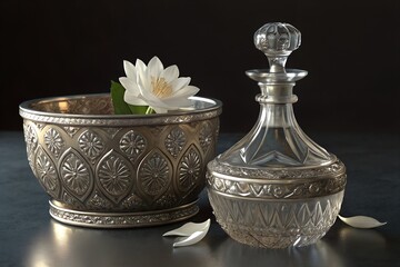 Ornate Silver Bowl with White Flower and Crystal Decanter – Elegant Decorative Art
