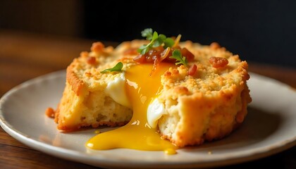 Delicious golden biscuit topped with a runny egg yolk and caramelized onions a perfect breakfast or brunch recipe