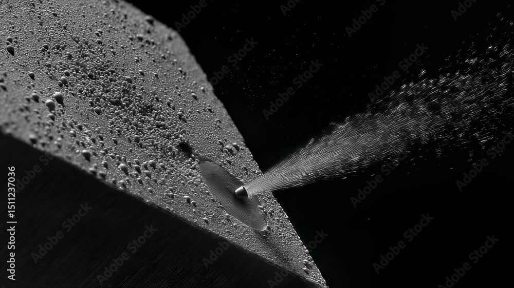 Poster simulation of a nozzle spraying particles onto the damaged exterior of a cubesat in the darkness of 