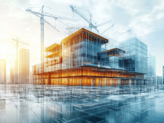 Construction of a Modern Office Building in Downtown City, Overlay of a future construction project with blueprints and diagrams.