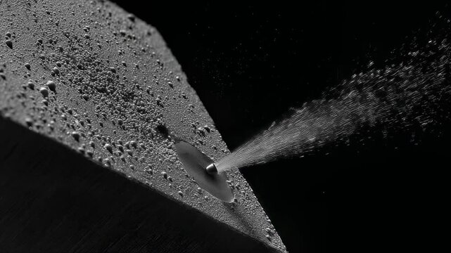 Simulation of a nozzle spraying particles onto the damaged exterior of a cubesat in the darkness of space, showcasing the texture of the satellite and the application process