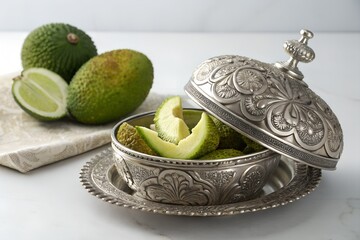 Ornate Silver Dish with Fresh Avocado and Lime – Elegant Culinary Photography
