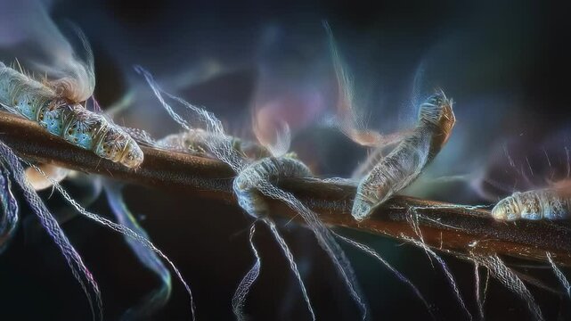Tiny silkworms demonstrate silk production on a branch, some resting on silk threads while others react to pheromones, showcasing their natural behavior and the delicate process of silk creation