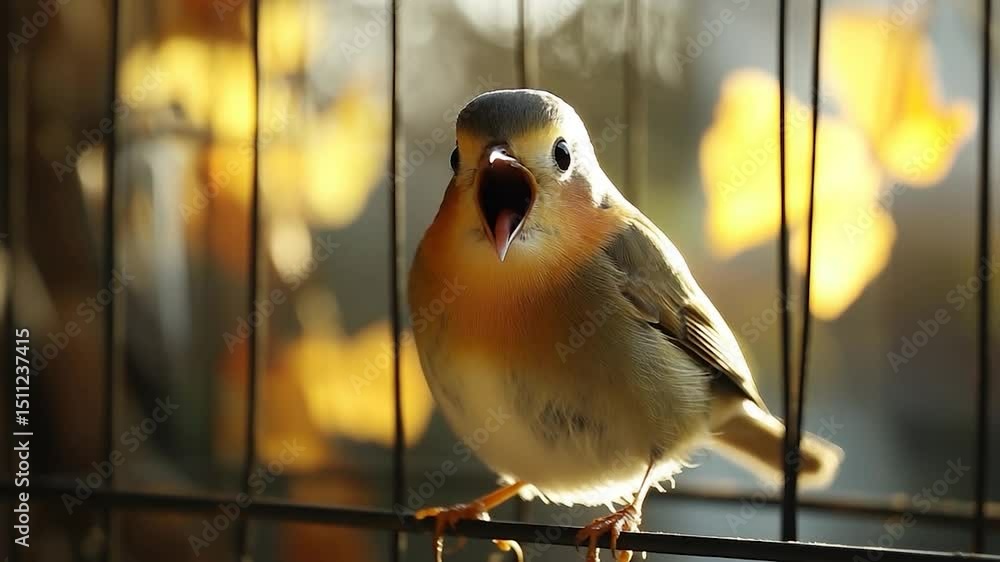 Poster a close up shot of a small bird singing with its beak open against the backdrop of a blurred yellow 