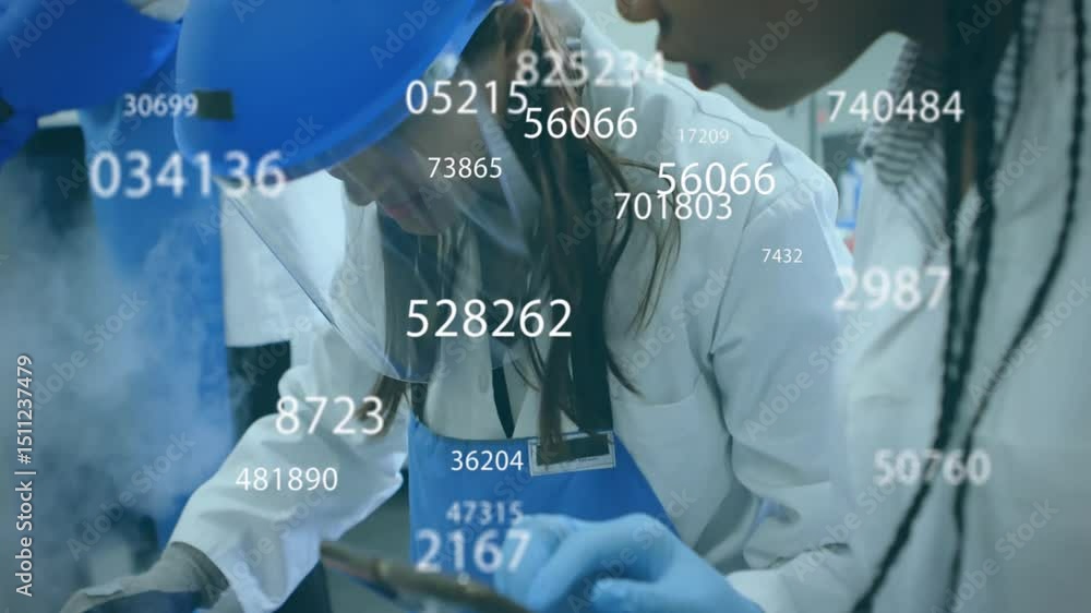 Poster lab researchers selecting vials and swiping tablet, showing floating data codes validating samples