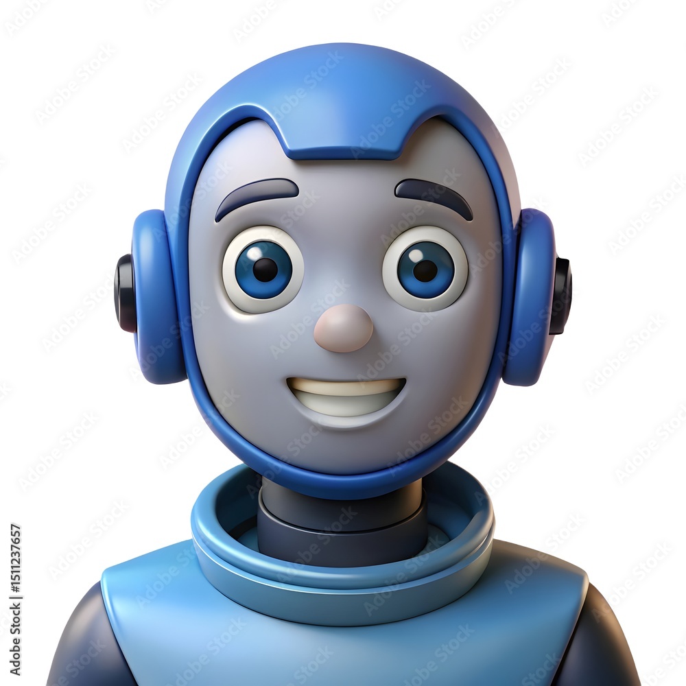 Poster 3d render of a friendly robot face adorable digital character design for animation, games, and techn