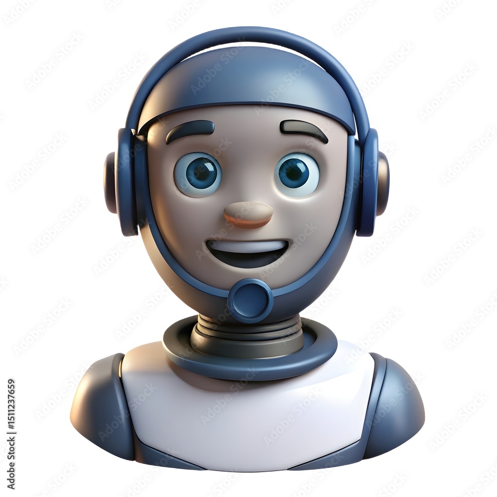 Poster 3d model of a friendly robot head with headphones perfect for animation, game development, or virtua