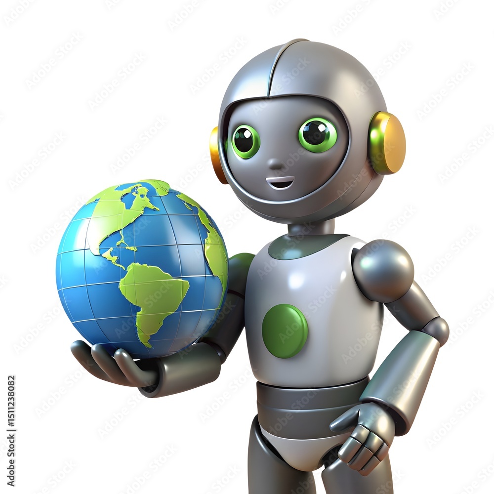 Aufkleber 3d render of a friendly robot holding a globe symbol of global technology and ai