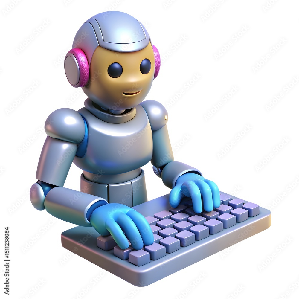 Poster futuristic 3d robot typing on holographic keyboard ai, technology, and automation