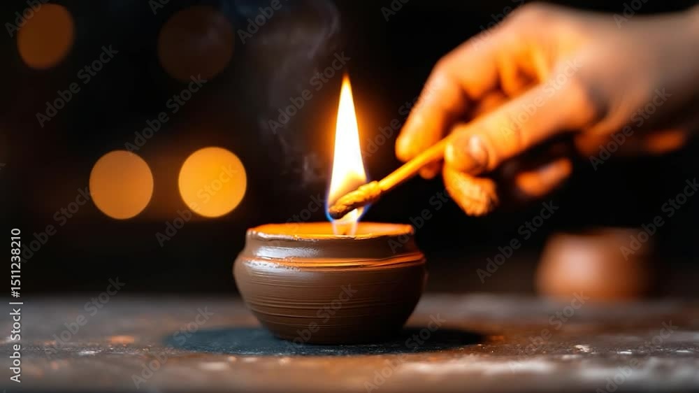 Aufkleber a candle is lit by a match inside a brown ceramic container on a textured surface against a dark blu