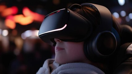 Young person wearing VR headset with headphones inside a blurred environment of red and white lights. Experiencing digital reality with focused attention. - Powered by Adobe