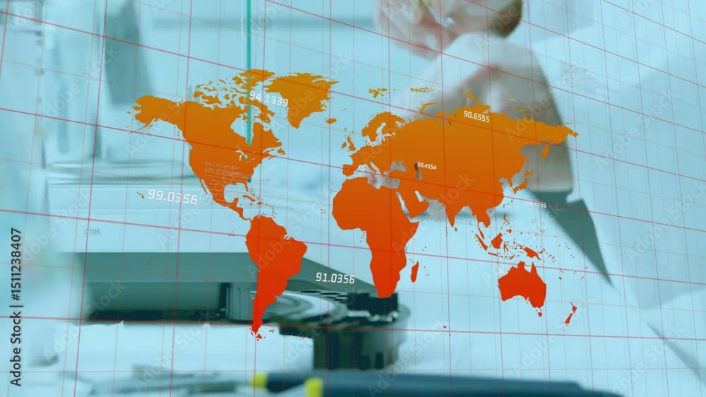 Poster scientist aligning slide under microscope showing world map overlay drawing sample for lab research