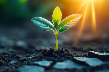 The seedlings grow from fertile soil and the morning sun shines