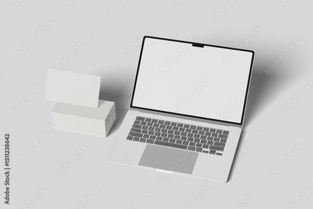 Poster laptop computer screen with business card mockup for your design template. blank empty credit card m
