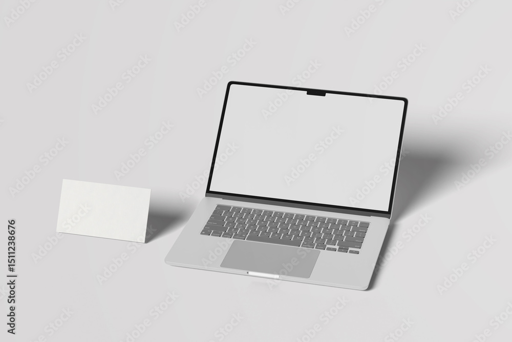 Poster laptop computer screen with business card mockup for your design template. blank empty credit card m
