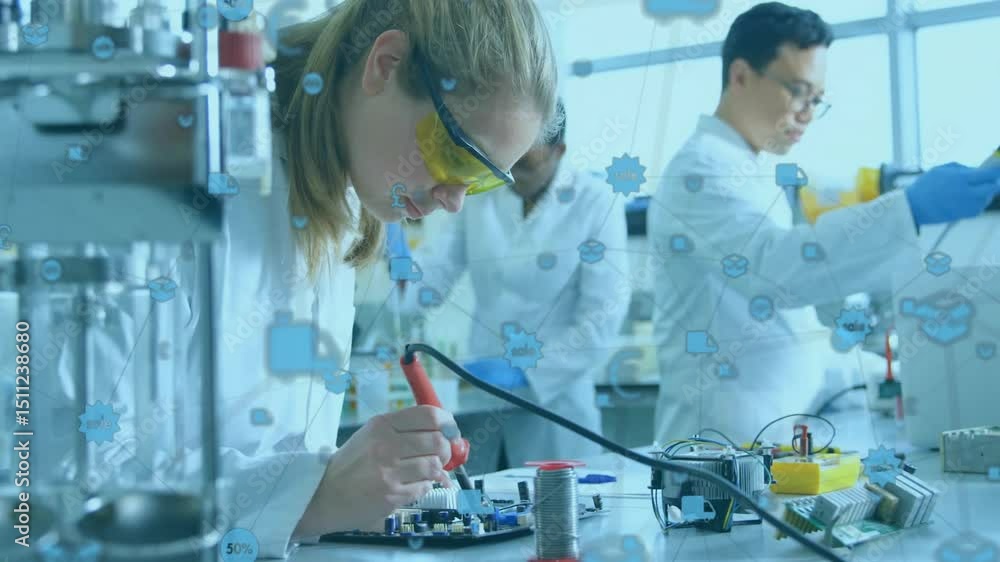 Poster tech scientist soldering board while colleague pipetting as icons connecting, integrating analytics