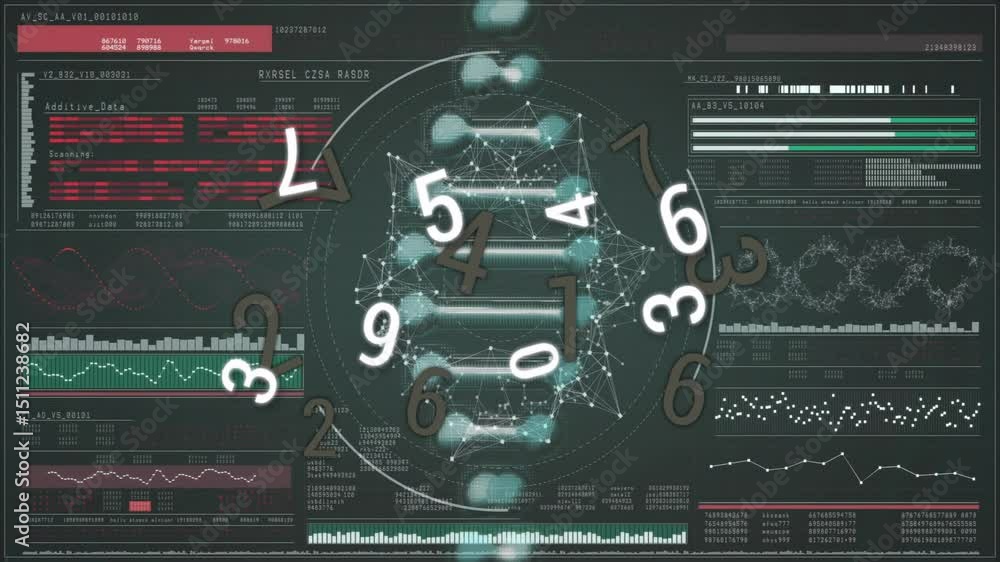Poster translucent panels starting turquoise node strand white numerals orbiting network showing data flow