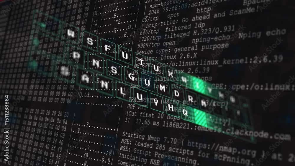 Poster rectangles materializing initiating keyboard rotating with green bar sweeping network scan text