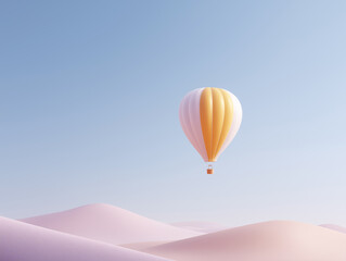 Hot air balloon glides over pastel dunes in a serene sky at early morning