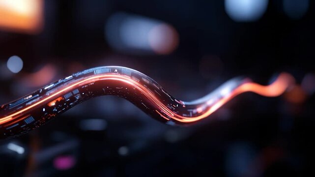 Close-up of a glowing red and blue futuristic cable with data transfer lines. Curving gracefully against a dark background evoking technology and digital connection