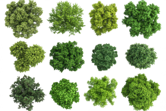 Twelve diverse treetop views isolated on transparent background