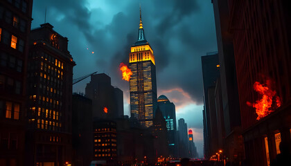 Obraz premium Night City Street View with Skyscraper Illuminated amid Fires under a Dramatic Cloudy Sky