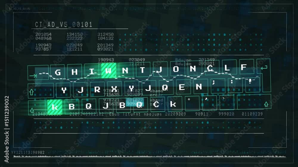 Poster dark grid starting, code streaming, scrambling keys, cursor scanning, simulating hacking console