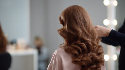 Elegant hairstyle preparation in a salon setting with warm lighting and soft colors