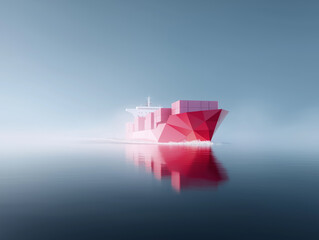 Modern cargo ship navigating through foggy waters with colorful geometric design elements in the early morning light