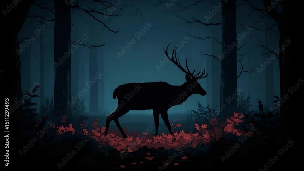 Poster silhouette of a stag walking through a forest with dark trees and red foliage in the foreground crea