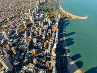 Chicago downtown buildings by Lake Michigan, aerial view