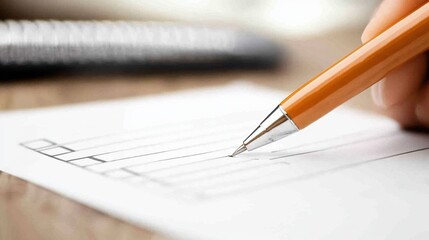 A close-up of a person writing on a paper checklist with an orange pen on a wooden table.